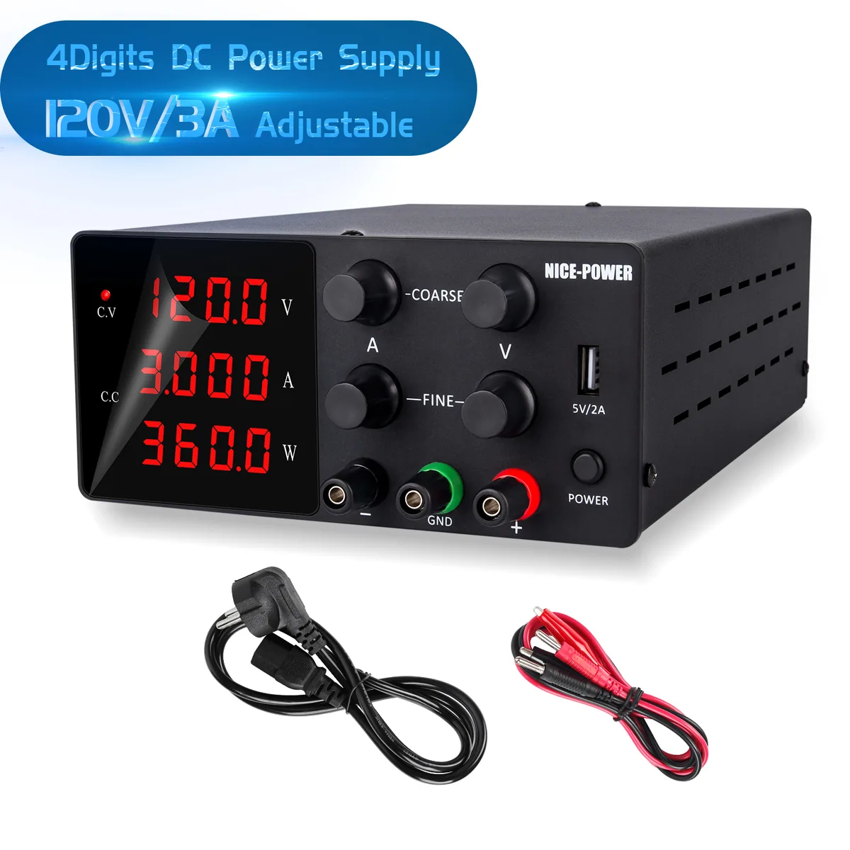 Лабораторный источник питания постоянного тока Kuaiqu SPS-W1203 с регулируемым 4-разрядным дисплеем, 120В / 3А, цвет черный